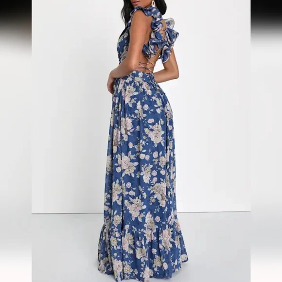 NWT Lulus Soiree Celebration Floral Ruffled Lace-Up Maxi Dress Size Lg Blue - Picture 3 of 14
